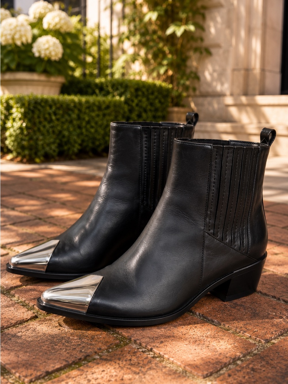 SCHUTZ Black Leather Western Coastal Cowgirl Metal Toe Ankle Boots, 7.5 B